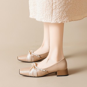 Sandale Plat Women's Fashion Square Toe <b>Block</b> Heel 2.5CM Pearl Party Rhinestone Strap Satin Work Office Shoes - Product Image 4