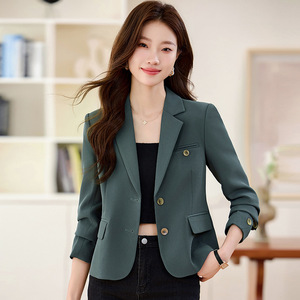 Women's Casual Blazer Black Slim Fit Short Jacket With Pocket No-Wrinkle Treatment Solid Color Polyester Fabric - Product Image 2