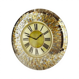 Round Mosaic Glass <b>Wall</b> <b>Clock</b> with Roman Numerals Hollywood Glam Analog Quartz Design for Living Room Decor - Product Image 1