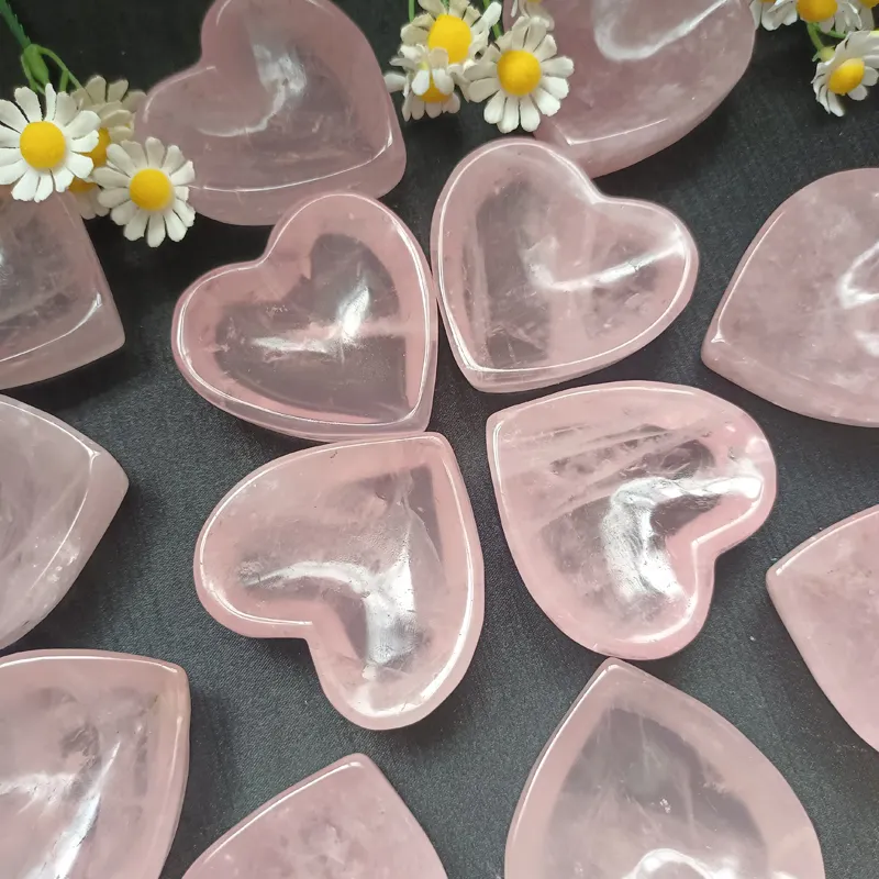 Rose Quartz Heart Bowls Healing Crystal Crafts Heart Shape Rose Quartz Bowl for Home Decoration