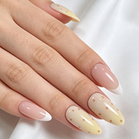 Faux ongles à presser en amande, French Manucure, à pois jaunes, brillants, vente en gros, personnalisables, marque privée