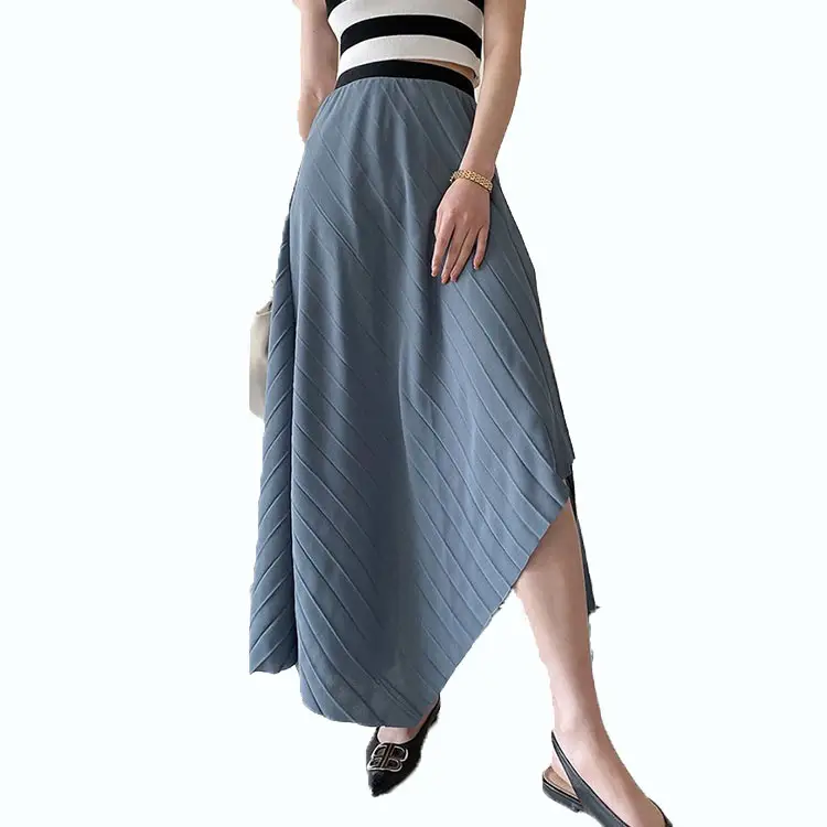 chic asymmetrical raw cut hem elastic waist solid color women suits formal office skirt oblique line pleated flared midi skirt