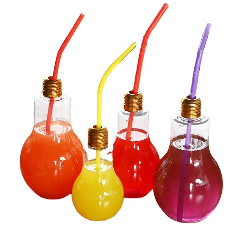 Botol Kaca Lampu Bohlam dengan Tutup Sekrup dan Sedotan untuk Susu, Jus, Botol Minum LEMBUT