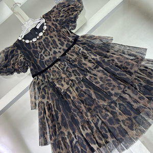 Abito da ballo in chiffon da <span class=keywords><strong>bambina</strong></span> di design con gonna a strati in rete con strass, maniche a sbuffo estive e stampa leopardata - Product Image 3