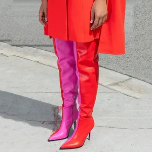 Red Pink Patchwork Big Wide Fit Größe 47 Lange Schuhe Damen Pointed Toe Oberschenkel Hohe Stiefel über dem Knie Stiefeletten Kunden spezifische Farben