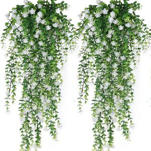 Pianta Artificiale Pendente in Plastica ODM, Piccola Vite Verde con Fiori, 2 Pezzi, Foglie Rotonde a Trombetta, Decorazione da Parete per Interni, Riutilizzabile - Product Image 4
