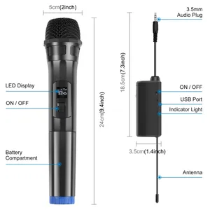 LED ekranlı 2 ila 2 UHF kablosuz dinamik mikrofon, 3.5mm verici