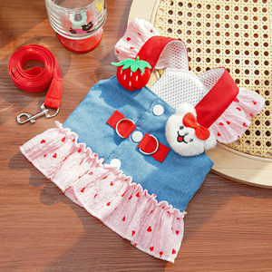 Ensemble Harnais et <span class=keywords><strong>Robe</strong></span> pour Animaux de Compagnie Motif Ours Fraise Adorable, en Denim Respirant, Anti-Traction, Ajustable, pour Chiens et Chats, Jupe pour Chiots - Product Image 3