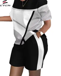 Conyson nueva llegada de moda de impresión de verano transpirable Spandex poliéster personalizado 2 dos piezas para mujer Top y conjunto corto trajes