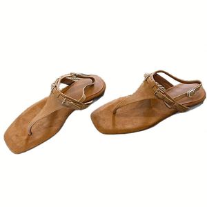 Simple Retro Style Belt Buckle Design <b>Soft</b> Sole Thong Sandals Women Casual Beach Vacation <b>Shoes</b> - Product Image 5