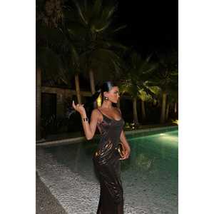 Brown Madelyn Glittering Long Evening Dress Romantic <b>Vintage</b> Style <b>Ball</b> <b>Gown</b> High Simple Design XL Polyester Floor-Length Sheath - Product Image 3