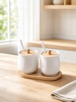 Ensemble de pots à épices en céramique avec couvercle en céramique, cuillère en bois et support, design vintage, accessoires de cuisine imperméables pour la maison