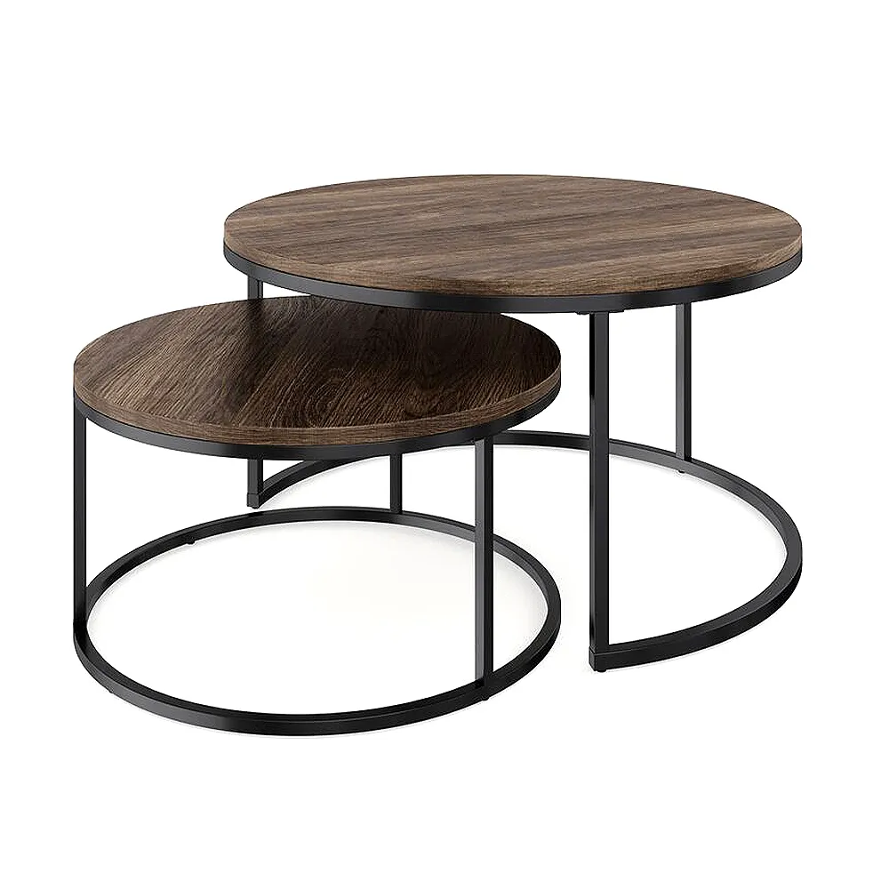 Muebles de madera de 2 niveles para sala de estar, mesa de centro lateral de alambre de hierro, moderna, redonda, negra, nuevo diseño