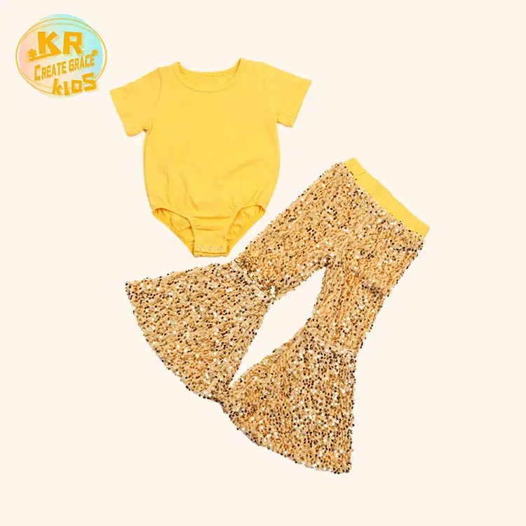 Toptan butik bebek kız 2 parça kıyafetler sarı renk çan alt pantolon kısa kollu güz setleri çocuklar