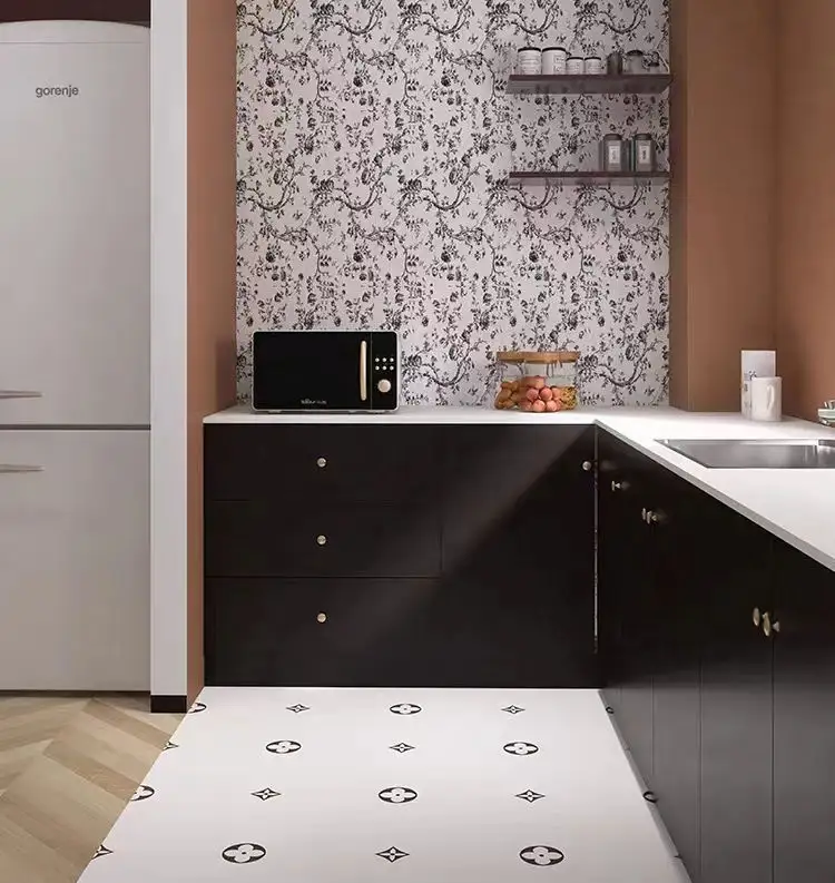 Keuken Bloemtegel Ontwerp Witte Bloemen Zwart Grijze Vloer Met Satori Backsplash Tegelpatroon Voor Muur Elevatie Groene Tegel