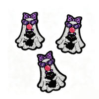 Patch Bordir Sequin Halloween 3 Inci, Kucing Hitam Glamor dengan Pita Ungu dan Kacamata, Dapat Disetrika untuk Topi Trucker, Topi, dan Kerajinan Tangan
