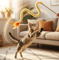 Jouet pour chat : Baguette à chatouiller longue avec clochette et plumes pour le jeu des chats