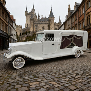Limousine funéraire classique blanche rétro avec fenêtres vitrées et intérieur en velours pour le transport de cercueil - Product Image 5