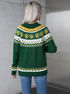 Pull en maille acrylique tricoté à la machine pour <span class=keywords><strong>femme</strong></span>, <span class=keywords><strong>col</strong></span> rond, motif Fair Isle citrouille, décontracté, pour le quotidien et les fêtes d'automne, personnalisable - Product Image 5