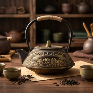 Traditional Chinese Metal <b>Tea</b> Kettle With Lid And Handle Decorative Pattern Design - Product Image 3