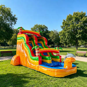Château Gonflable Tropical Dauphin Triple Piste pour Enfants, Parc Aquatique de Jardin avec Piscine à Jets pour Fêtes Estivales, Matériau PVC, Installation Facile - Product Image 1