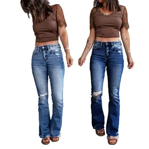 Wholesale In Stock Plus Size Blue High Waist Young Girls Women Casual Stretchy Ripped Trousers Boot-cut Jeans