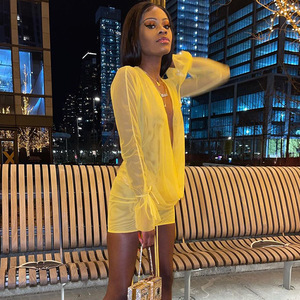 Completo Sexy King Mcgreen Star per Signore, Minigonna con Scollo Profondo a V, Maniche Lunghe, Schiena Scoperta in Rete, Set Due Pezzi alla Moda per Nightclub - Product Image 5