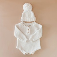 Vêtements pour bébé unisexes personnalisés, ensemble de combinaison en tricot blanc, bonnet à pompon, tenue de pull pour bébé, vêtements de boutique pour l'automne et l'hiver, OEM