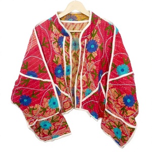 Hand Embroidered Floral <b>Kantha</b> <b>Jacket</b> 100% Cotton Quilted Batwing Sleeve Open Front Ethnic Style Women's <b>Jacket</b> - Product Image 1