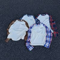 Chemise à manches longues en tricot gaufré vintage personnalisée, manches à carreaux et patchwork, 100% coton, logo personnalisé, style rétro, streetwear décontracté
