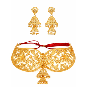 Achetez des accessoires de mode floraux plaqués or pour un ensemble de collier avec boucles d'oreilles Jhumka assorties, pour les mariages et les occasions festives - Product Image 1