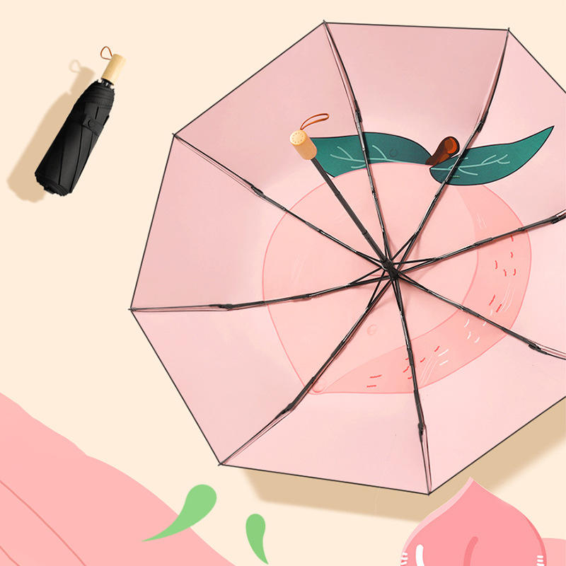 ร่มสามตอน ด้ามไม้ ไวนิลสีดำ 8K - สีพีชน้ำ