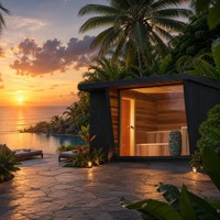 Sauna extérieur personnalisé en cèdre rouge et cèdre de l'Ohio massif pour 4 à 6 personnes, avec bain chaud/froid, douche combinée et gazebo lounge pour jardin et maison
