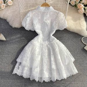 Vestido de Verano Retro Elegante con Solapa, Cuello Redondo, Bordado de Encaje Blanco y Corte en A - Product Image 3
