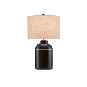 Black Distressed Ceramic Canister Modern Farmhouse <b>Table</b> Lamp with Linen Shade | Rustic Industrial Lighting for Hotel Guest Room - Product Image 1