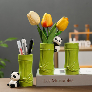 Porte-stylo en céramique en forme de panda, organisateur de bureau en bambou pour le bureau ou l'école - Product Image 1