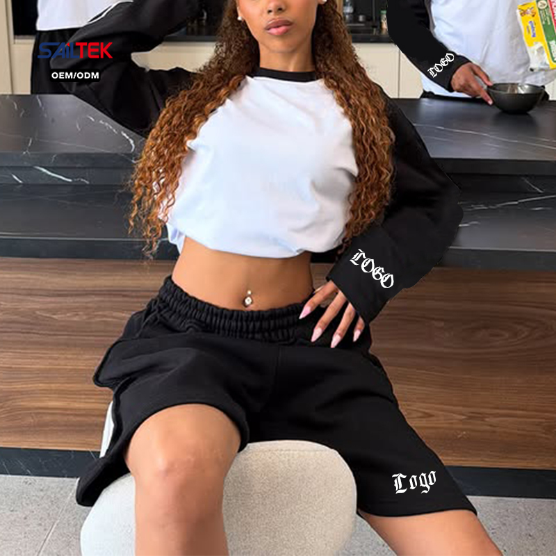 Custom Logo Color Block Contrast Raglan Long Sleeve Loose Fit Top Summer Streetwear Casual Plain Women Short Crop T Shirt