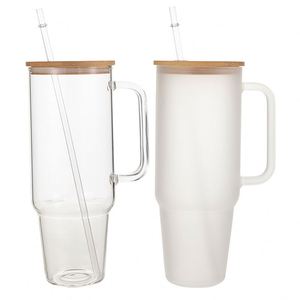 40oz Glass Tumbler <b>with</b> Handle 2 Pack Glass Tumbler <b>with</b> Straw and <b>Lid</b> Clear Glass Water <b>Cup</b> <b>Reusable</b> Iced Coffee <b>Cup</b> - Product Image 1