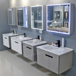 ตู้ห้องน้ำติดผนังแบบลอยตัวพร้อมอ่างล้างหน้าเดี่ยว ตู้เก็บของในห้องน้ำไม้จริงพร้อมกระจกอัจฉริยะ - Product Image 1