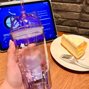 Vaso de cristal con orejas de gato y diseño de flor de cerezo, de gran capacidad y aspecto atractivo, para café y bebidas. - Product Image 2