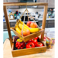 2-laags houten fruitmand, groente- en fruitopbergbak voor aanrechtblad, fruitkom met bananenhanger voor thuisgebruik