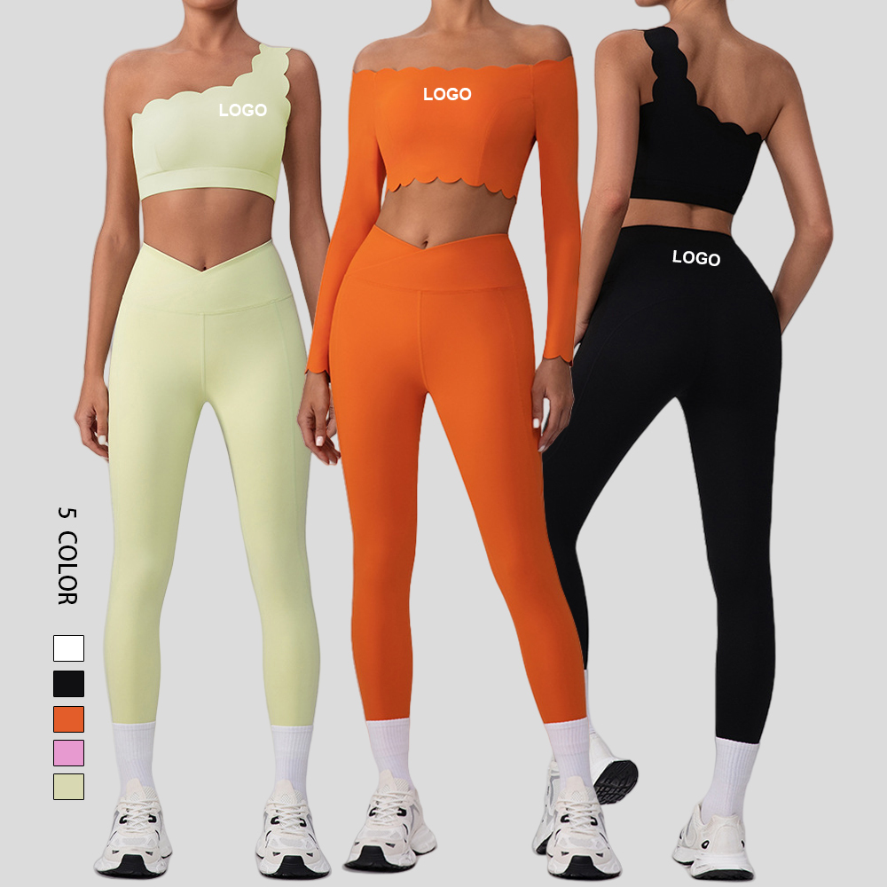 New High Waist Yoga Off-shoulder Bra Fitness Clothes One Shoulder Long Sleeve and Pants 3 Piece Quick Dry Breathable Set