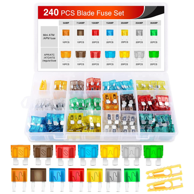 OEM T175 240Pcs Standard and Mini Blade Fuses Set,5A 7.5A 10A 15A 20A 25A 30A Standard AndAtm Apm Mini Automotive Blade Fuse