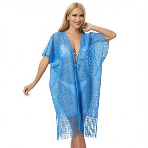 Paréo de plage Angelina en mousseline à motif diamant, coupe ample, col en V, manches courtes, à franges, respirant, imprimé tissé - Product Image 1