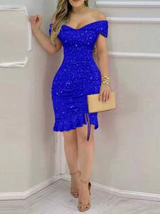 Abito Senza Maniche <span class=keywords><strong>con</strong></span> Paillettes - Vestibilità Aderente <span class=keywords><strong>con</strong></span> Pieghe - <span class=keywords><strong>Gonna</strong></span> a Tubino <span class=keywords><strong>con</strong></span> Volant - Abito da Sera Sexy e Snellente - Product Image 2