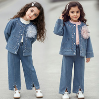 Nouvel ensemble 3 pièces automne 2026 pour filles : T-shirt à manches longues, manteau en jean et pantalon – Tenue tendance pour enfants de 1 à 5 ans