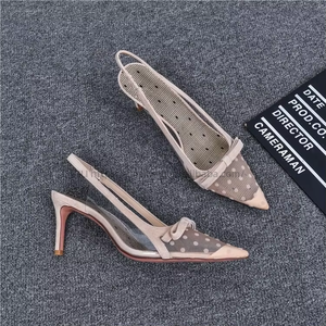 Sandals New Baotou Summer Polka Dot Mesh Fine <b>Pointed</b> High Heels Shallow Mouth Fairy Wind Single Shoes Women - Product Image 2