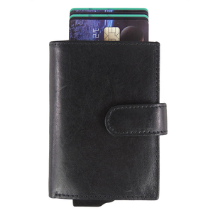 Genuine Leather Card Holder <b>Men</b> Short <b>Wallet</b> Aluminum <b>RFID</b> Blocking Multi-Card Position Buckle Closure Minimalist Style - Product Image 3