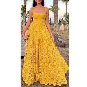 Rok pantai gaya liburan tepi laut wanita 2022 gaun Ruffle selempang bordir industri berat kuning jahe baru musim gugur