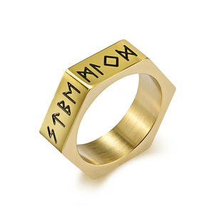 Bague en acier inoxydable avec texte viking nordique, Rune Luen, en acier titane, motif hexagonal neutre - Product Image 2